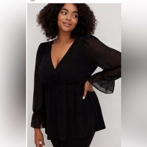 Torrid Babydoll Chiffon Sleeve Top Womens Black Surplice Jersey Knit